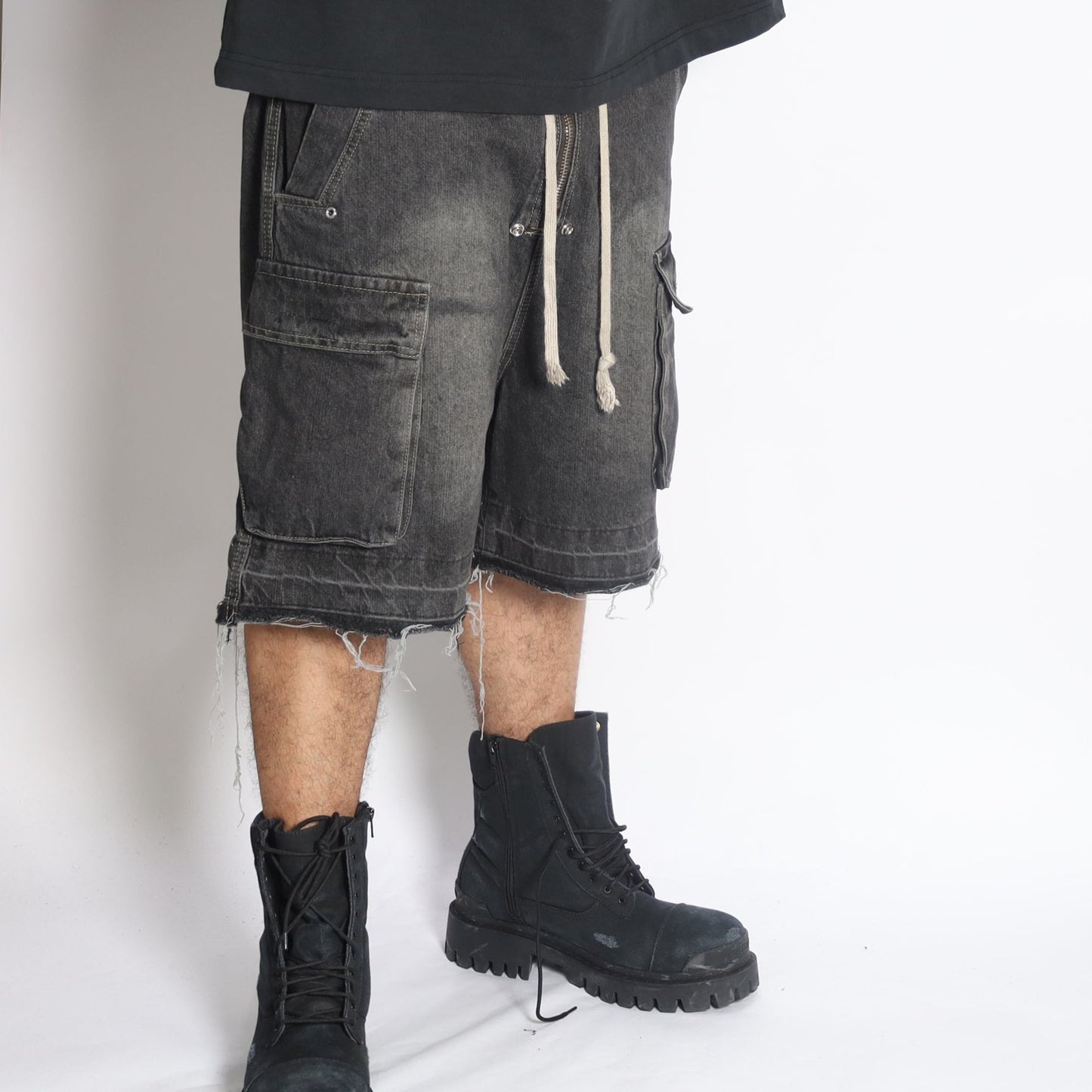 SHORTS #01 cargo elastic band washed denim