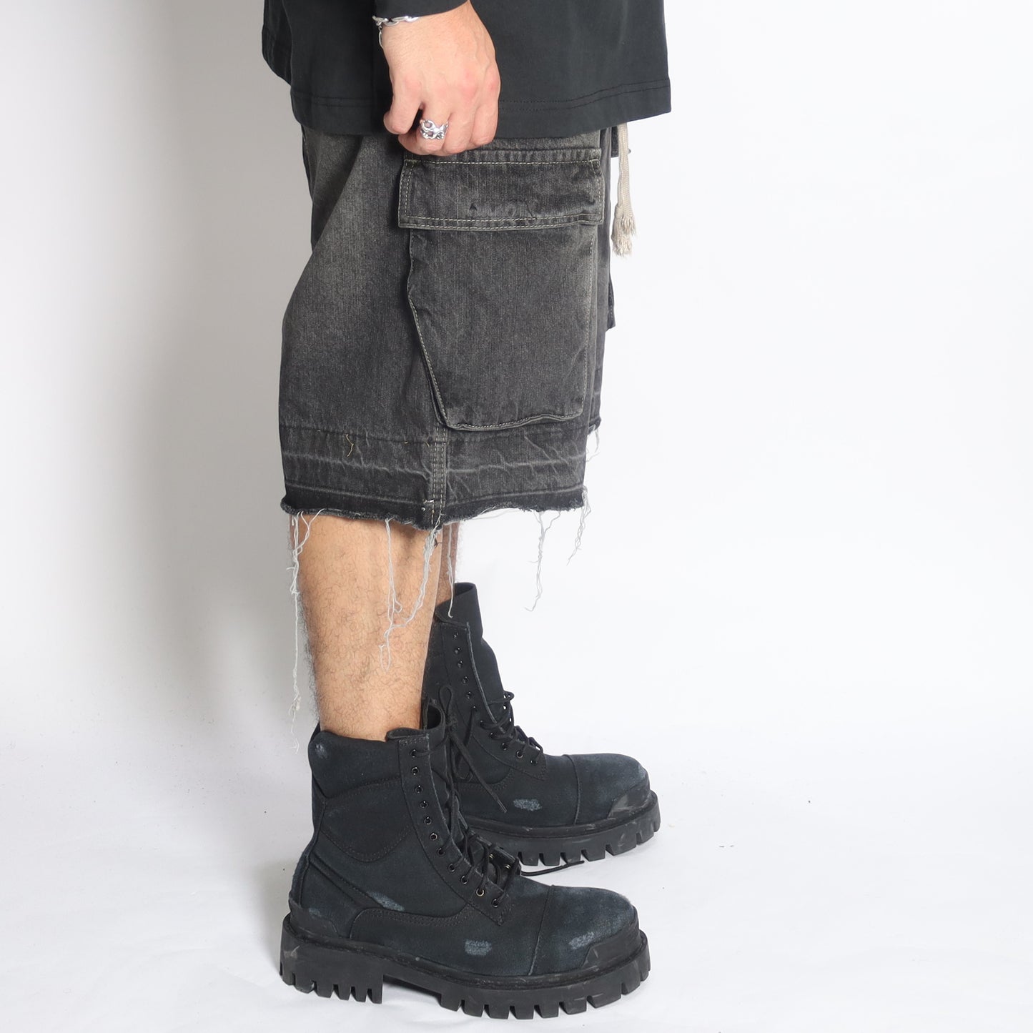 SHORTS #01 cargo elastic band washed denim