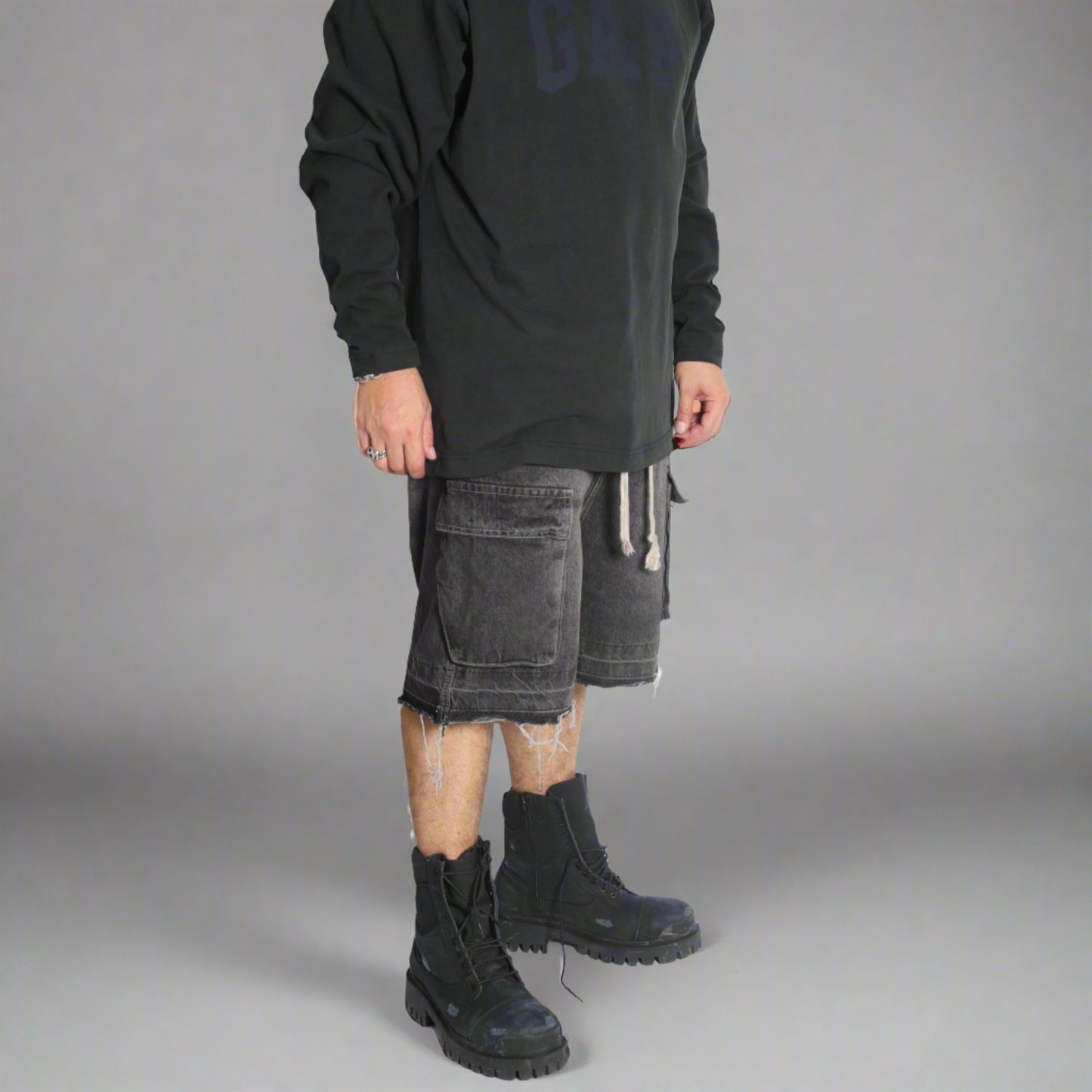 SHORTS #01 cargo elastic band washed denim