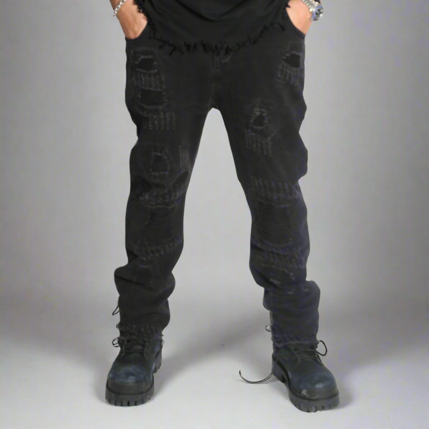 UPSET #04 straight ripped patch jeans