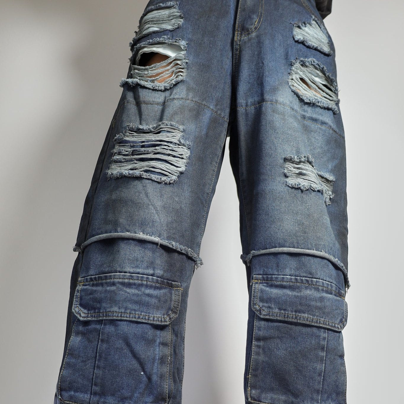 RAVE #13 dirty effect distressed cargo jeans