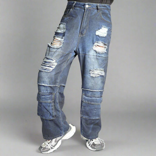 RAVE #13 dirty effect distressed cargo jeans